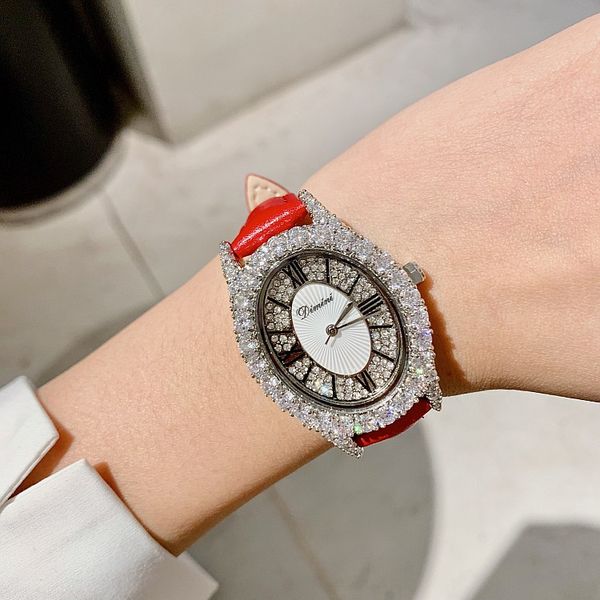 2019 marca de moda cinta de couro diamante mulheres relógios quartzo forma oval à prova d 'água senhoras relógio