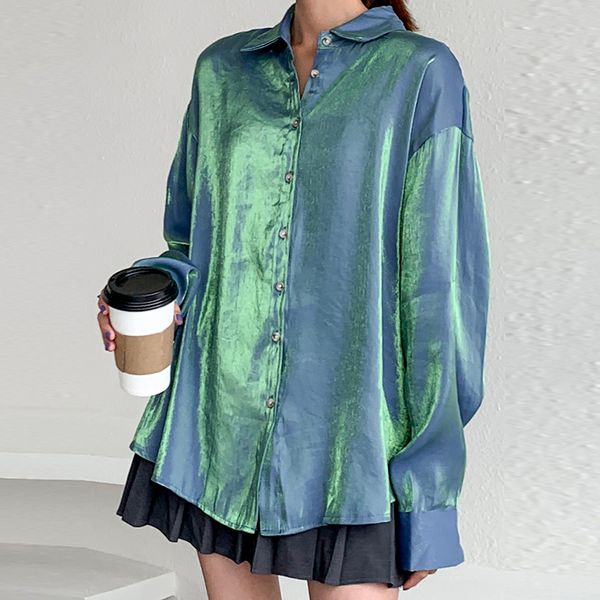 

glitter women blouses shirts long sleeve casual loose women turn-down collar buttons satin shirts fashion streetwear, White