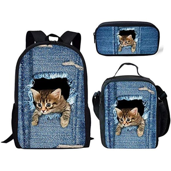 

cute denim cat 3d print schoolbag for teenage girl boy children fashion school backpack junior student dayback kids bag mochila