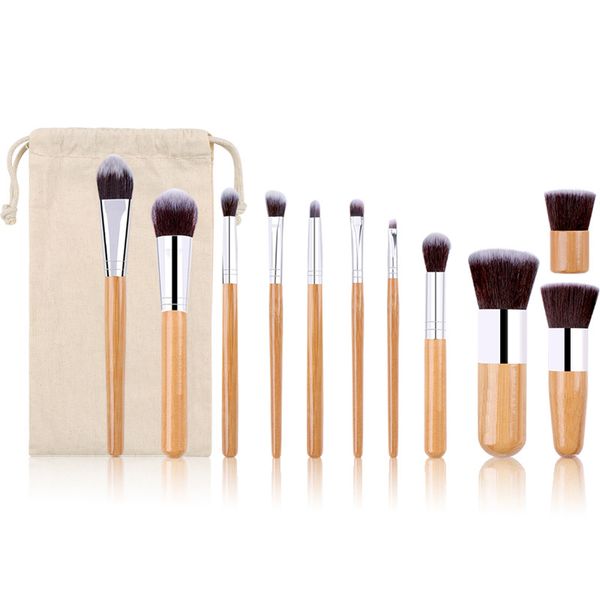 

11pcs bamboo makeup brush set with gunny bag powder foundation eye shadow contour cosmetic brushes full set tool