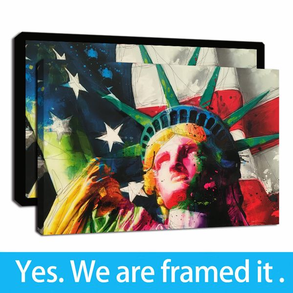 

usa flag statue of liberty oil painting framed print on canvas home decor wall art painting artwork - ready to hang