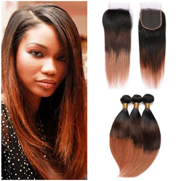 Три тона волос Extensions # 1B-30 Medium Auburn Ombre перуанского человеческих волос Weave Связка Straight с Ombre Lace Closure Кусок 4x4