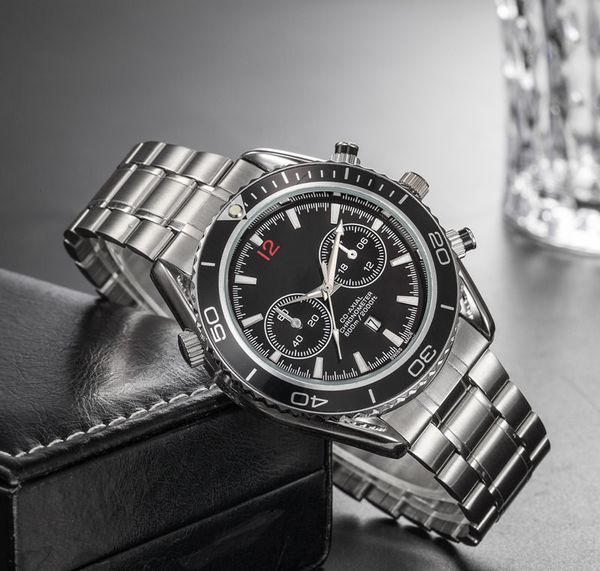 

men stainless steel black dial fashion luxe wrist watches 3 dial quartz movement men casual business watch 02, Slivery;brown