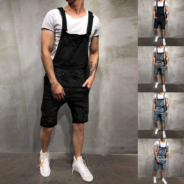 

2019 summer fashion men's ripped jeans jumpsuits shorts hi street style distressed denim bib overalls mens casual suspender pant, Black