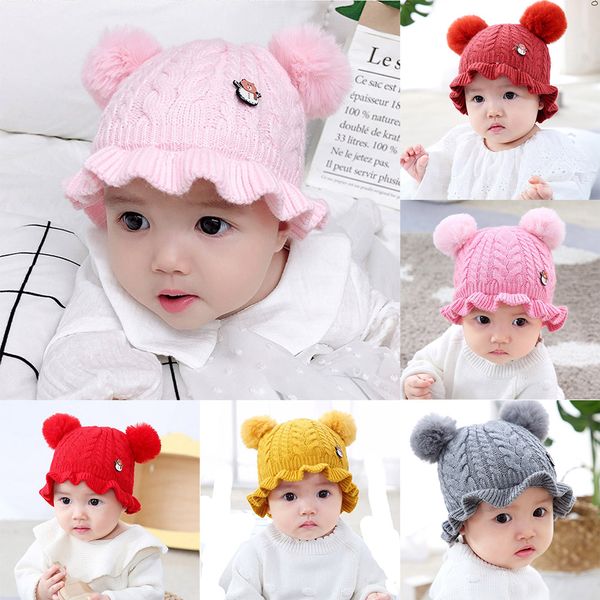 

cysincos baby boys girls cotton caps  new children's knit wool warm hat core wire jacquard cartoon dome double hair ball, Yellow