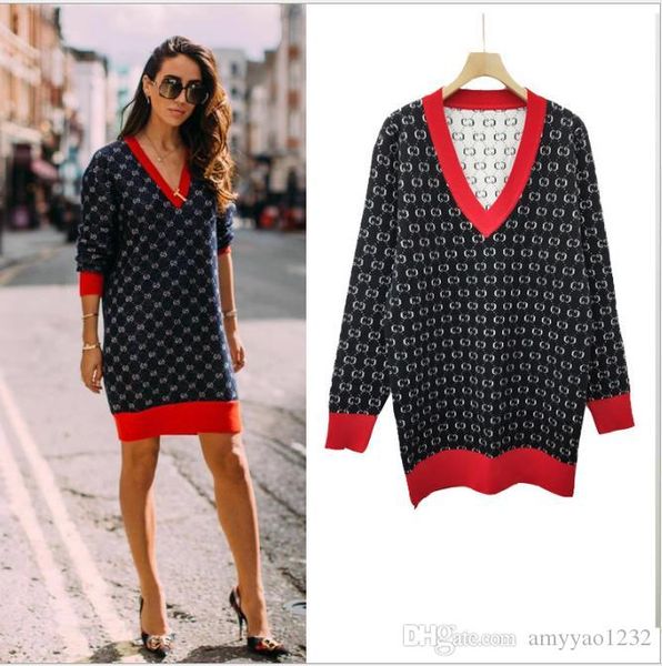 

бесплатная доставка 2018 осень синий черный с длинными рукавами женские свитера высокое качество взлетно посадочной полосы пуловер v образны, White;black