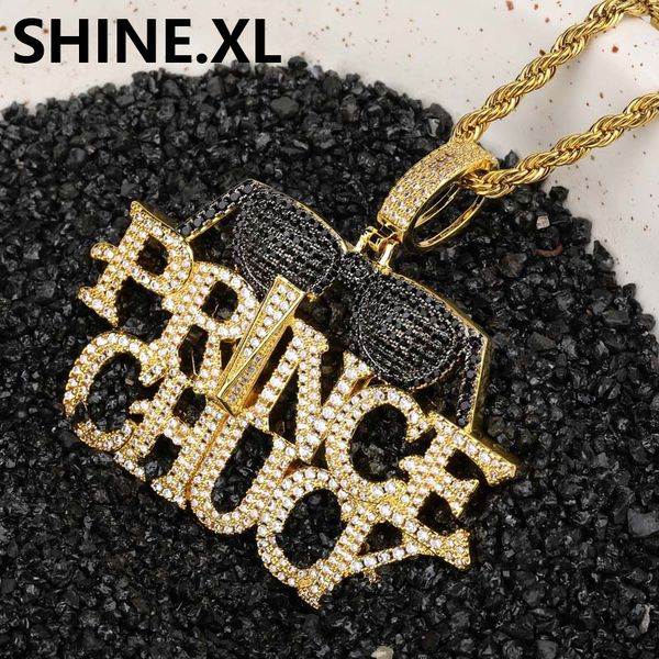 

18k gold iced out cubic zircon sunglasses letter prince chuck pendant necklace mens hip hop jewelry gift, Silver