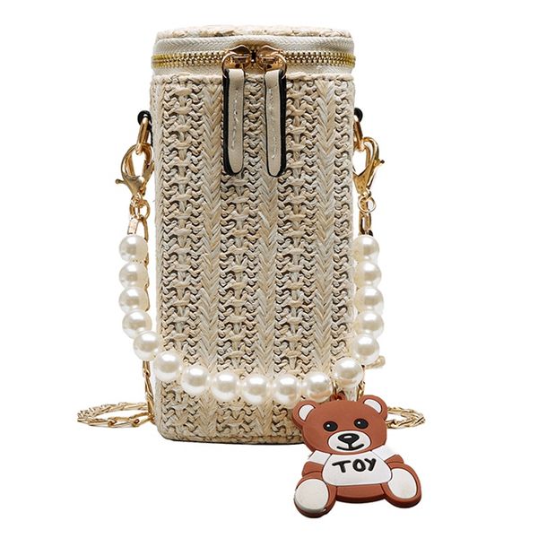 

women's straw bag one-shoulder chain bag beach slung bucket pearl handbag