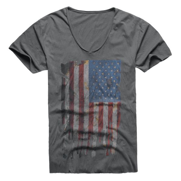 

summer 2019 new retro wash for old flag printed dark grey chicken heart collar short sleeve t-shirt t501, White;black