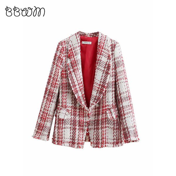 

2019 fashion vintage chic jewelry button tweed jacket elegant women plaid coats pockets lapel collar casual casaco femme, Black;brown