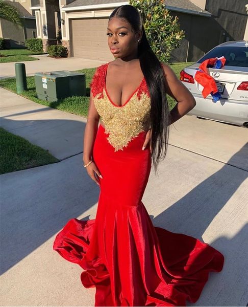 Red Mermaid Prom Dress African Evening Formal Dresses Gold Shining
