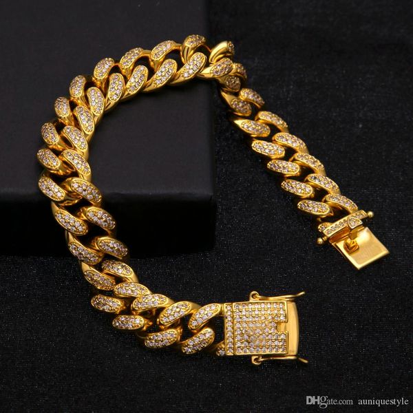 

хип-хоп браслет, auniquestyle роскошные 18 k золотой цвет женщины мужская браслет майами снаряженная кубинский сеть iced out асфальтовая стр, Golden;silver
