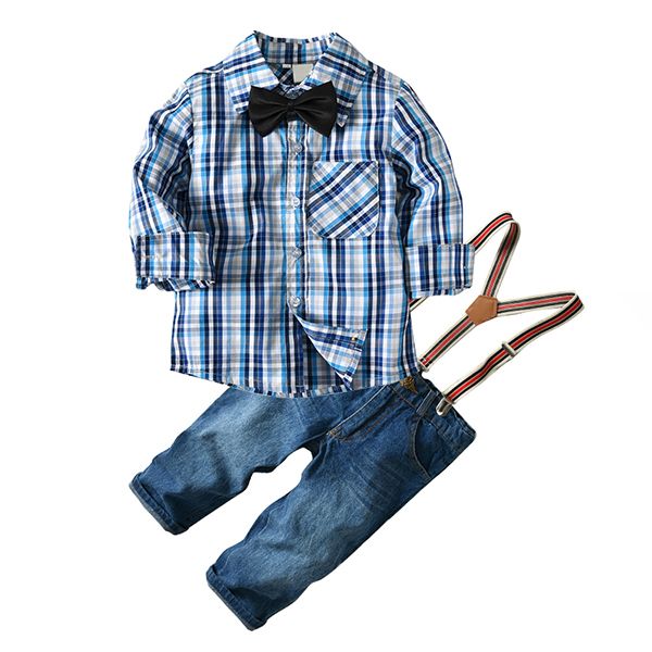 

toddler boy clothes gentleman suit children clothing set bowtie plaid shirt+strap long jeans pants kids clothes, White