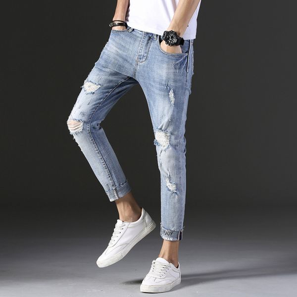 

2019 summer new light hundred men's jeans male korean version trend slimming small feet nine pants ripped jeans for men mp423, Blue