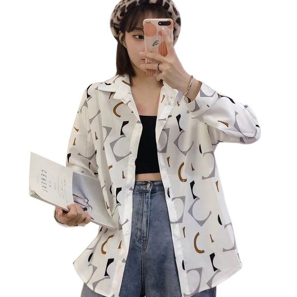 

women's blouses & shirts summer vintage personality printed casual long sleeve turn-down collar loose shirt beach top, White