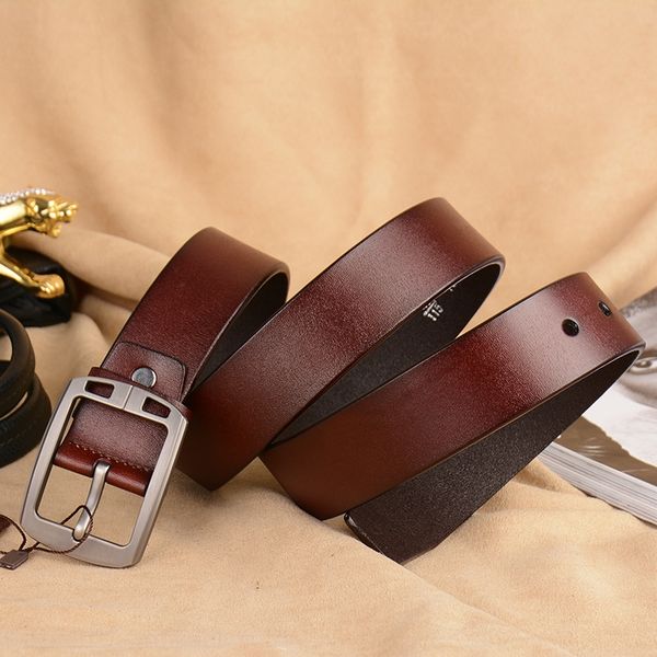 

second layer cowhide men's buckle pin belt men's genuine leather belt leather pin buckle, Black;brown