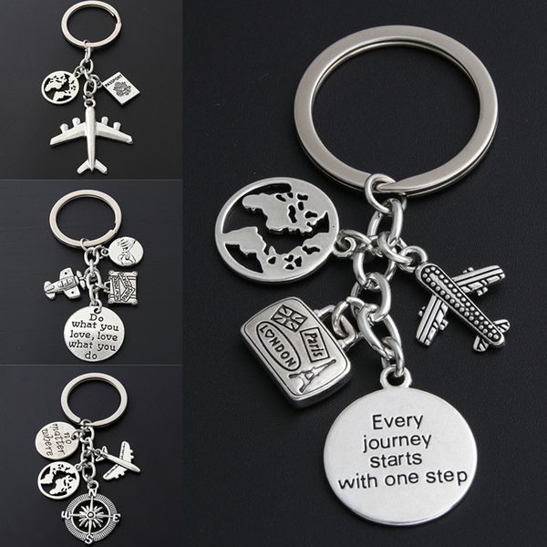 

world map luggage airplane compass charm pendant keychain keyring no matter where keychain diy creative couple jewelry travel memorial gift, Slivery;golden