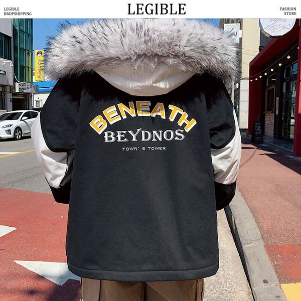 

legible 2019 hip hop parka men coats winter jacket men thicken fur hooded outwear warm coat casual mens coat, Black
