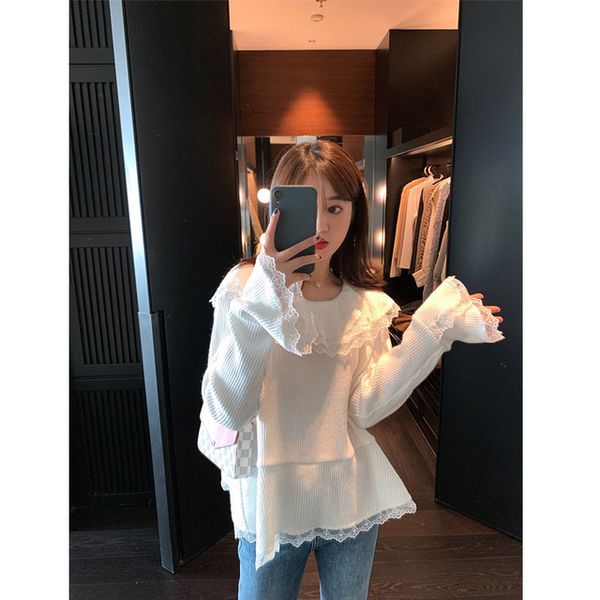 

summer and autumn 2020 new women's wear all-around little fairy lace edge women's round neck pullover long sleeve fashion all-arou, White