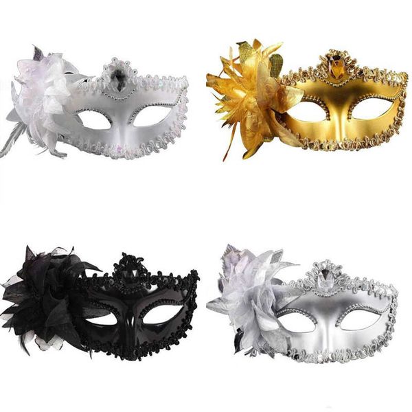 Venezianische Augenmaske für Hallowmas, Gold, Silber, Weiß, Schwarz, Maskerade-Partymasken mit Blumenfeder-Ostermaske