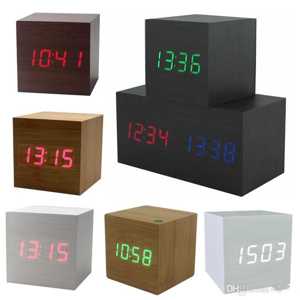 Cubo de madeira LED despertador LED Display Eletrônico Desktop Tabela Digital Relógios De Madeira Digitas Despertador Digital Controle de voz USB Horloge