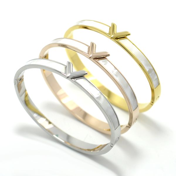 

natural shell letter v shape bracelets & bangles for women men gold charm bangle stainless steel jewelry bijou, Black