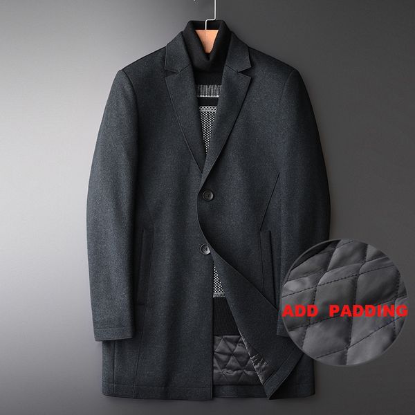 

minglu winter wool coat men luxury mid long add padding thick mens coats and jackets fashion new business casual trench coat men, Black