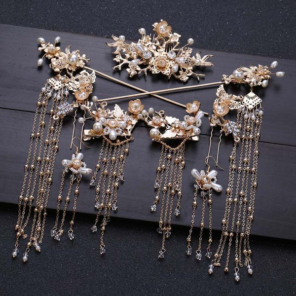 

traditional chinese headdress hair stick women hairpin wedding hair accessories gold pin clip comb head jewelry bridal headpiece, Golden;white
