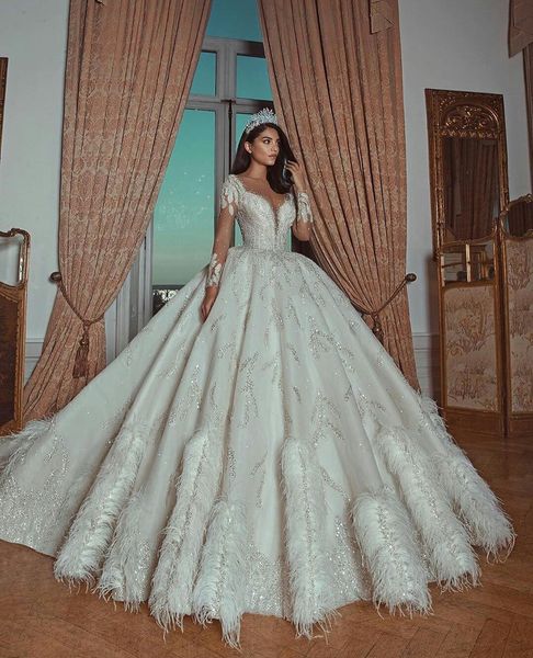 

princess 2020 plus size wedding dresses sheer beading neck long sleeve ball gown sweep train feather applique lace wedding dress, White
