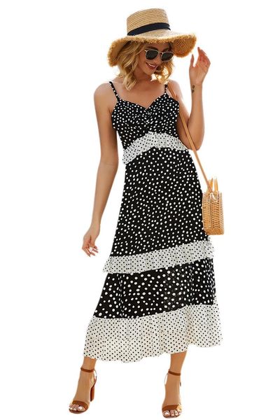 

robe skirt party dresses casual women's clothing women bohemian wavelet point sling with ear a high waist medium length dress wome, Black;gray