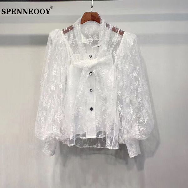 

spenneooy дизайнер пользовательских runway лето женщины white lace mesh sheer sexy рубашка женская bow tie кнопка гламурные блуза tops