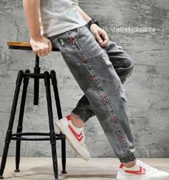 

designer ripped holes jeans loose distrressed denim pants fit multi pocket zipper fly jean male clothing mens, Blue