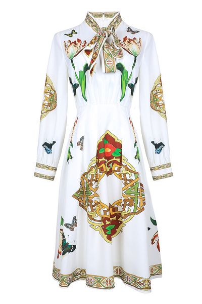 

european and american women's dress 2019 summer new style long-sleeve bow collar fashion floral butterfly print dress, Black;gray