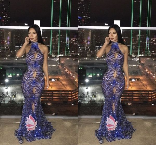 

Sexy Royal Blue Mermaid Evening Dresses Newly High Neck Sequined Prom Dresses Sweep Train Celebrity Red Carpet Gowns Custom A19