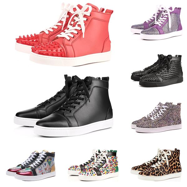 

designer brand red bottom studded spikes flats shoes for men women black white blue party lovers genuine leather casual sneakers on sale