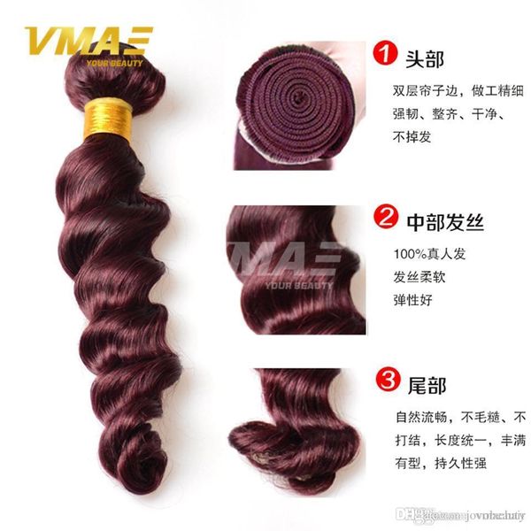 99j fasci di capelli vergini bordeaux rossi 9A VMAE onda allentata eurasiatica 3 pezzi lotto tessuto rosso scuro capelli umani estensioni dei capelli vergini eurasiaticib OPP