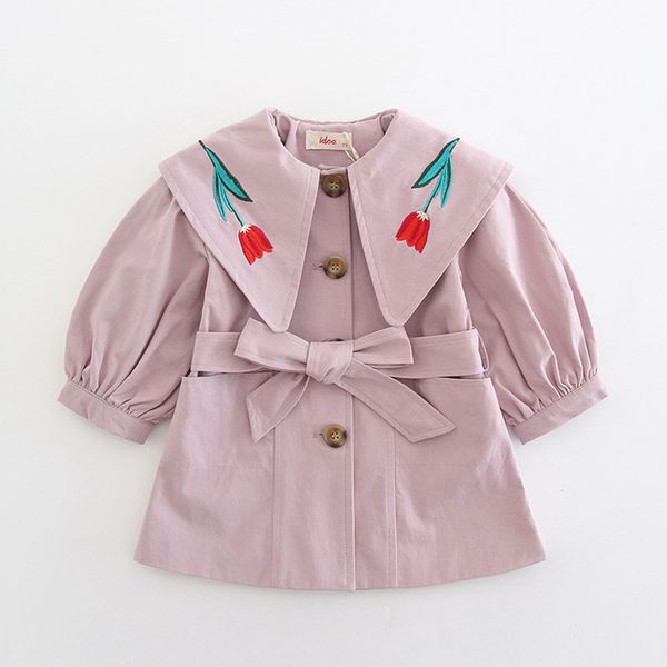 

idea2019 girls autumn new style long trench coat baby embroidery large lapel single-breasted 9005, Blue;gray
