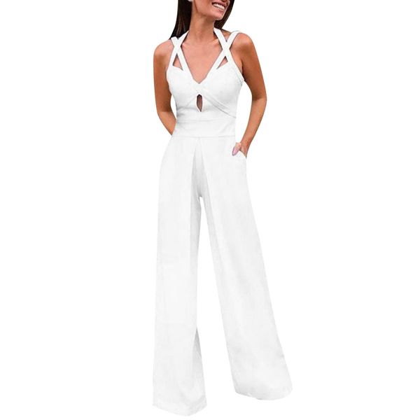 

hollow rompers women's summer v-neck sleeveless sling jumpsuit casual overalls solid color wide leg playsuits #lr2, Black;white