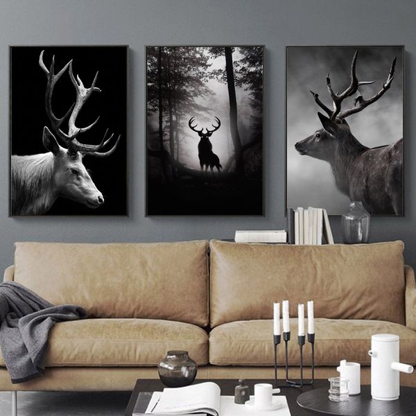 

black white elk deer forest landscape wall art canvas painting nordic posters and prints wall pictures for living room decor
