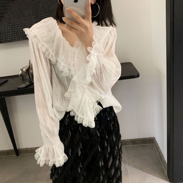 

brand designer women ruffles white blouse 2019 spring autumn fashion v neck flounced long sleeve loose party shirts casual