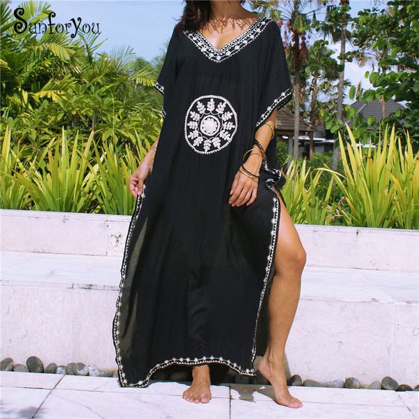 

plus size cotton beach cover up embroidery beach sarong pareo tunic for robe de plage swimsuit cover up saida de banho, Blue;gray