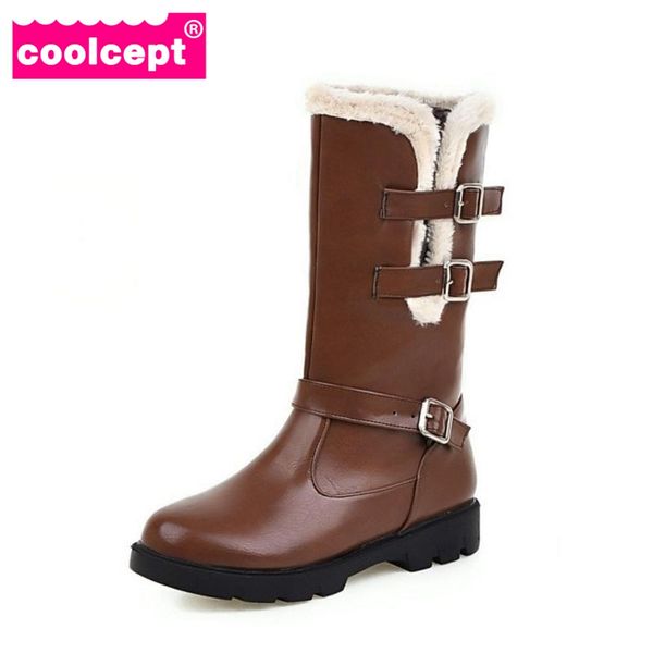 

coolcept 4 colors size 34-43 women flats snow boots metal buckle half short boots thick fur shoes in winter botas women footwear, Black