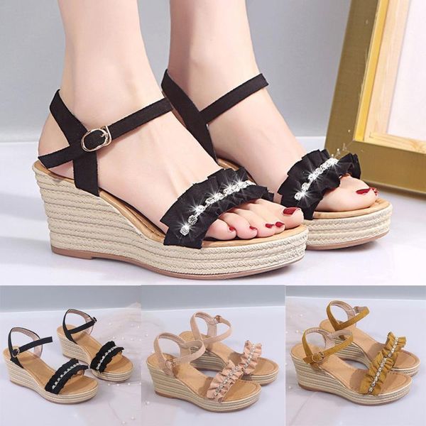 

sagace summer women open toe breathable platform sandals simple solid color flock rhinestones buckle strap wedges shoes sandals, Black