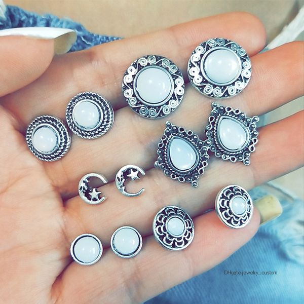 

12 pcs/set vintage opal geometric simple moon gem silver earrings set women bohemian charm jewelry accessories, Golden;silver