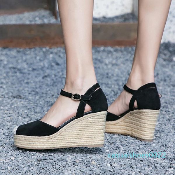 

karin new trendy sheep suede skin straw platform high heels wedges summer woman shoes sandals c22, Black