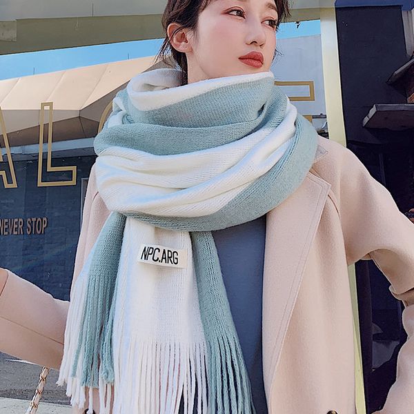 

literary color matching scarf female autumn and winter korean students wild cashmere thick ins warm knitted wool scarf christmas gifts, Blue;gray