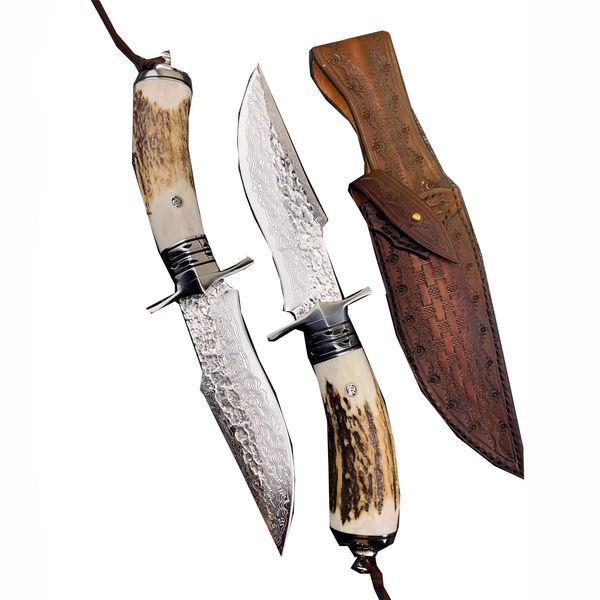 

Damascus Hunting Bowie Knife with Deer Horn Handle Straight Fixed Blade Camping Survival Rescue Knife with Vegetable Tanned Leather Sheath