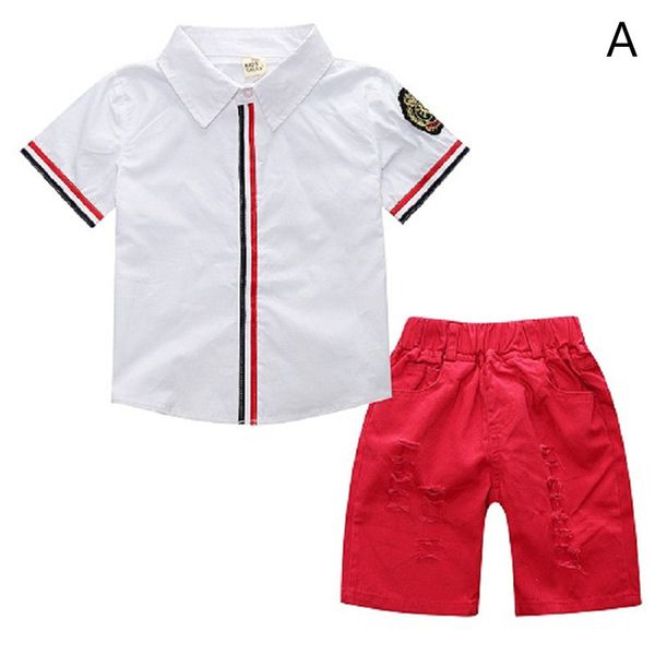 

boy short sleeve turn down collar t-shirt and short pants suit two pieces children summer sets kg 021, White