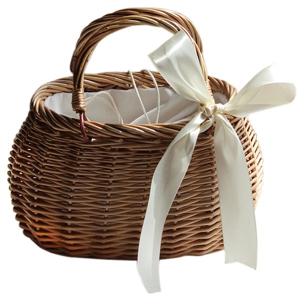 

new ribbons bow tie handle wicker bags string rural natural casual handmade woven rattan bags round bow