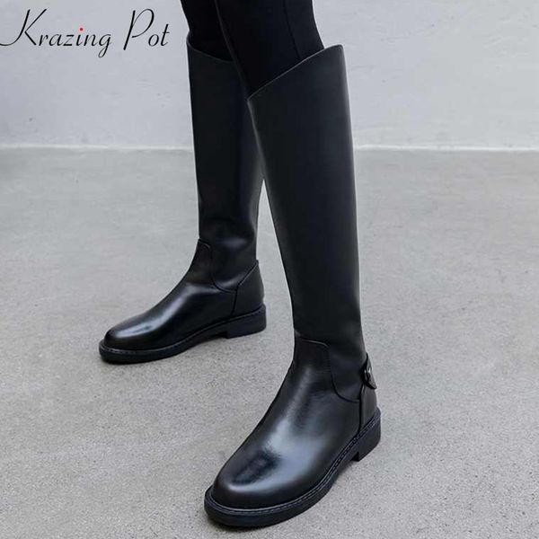 

krazing pot 2019 genuine leather zipper low heels round toe knee-high boots punk rock design model runway thigh high boots l14, Black